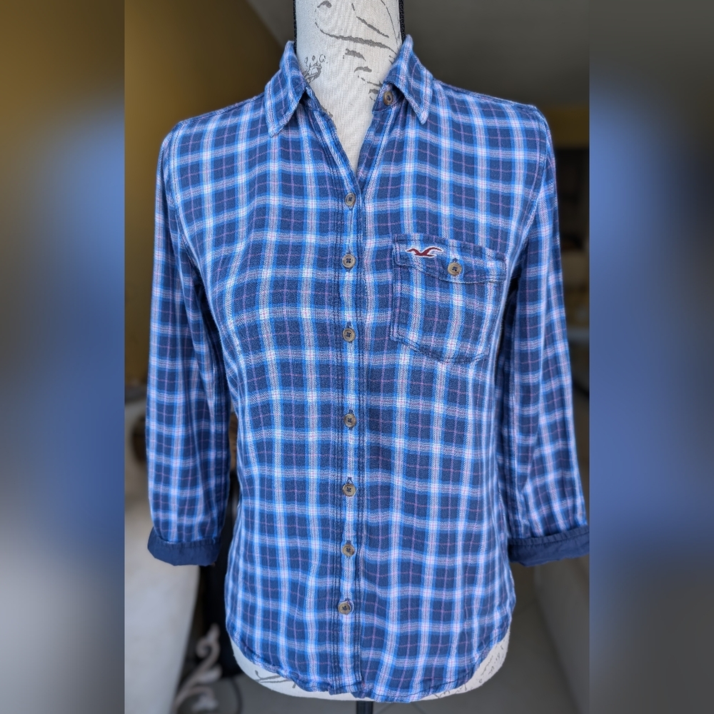 Hollister Vintage Fitted Blue Plaid Print Cotton Button Up Shirt Top XS
